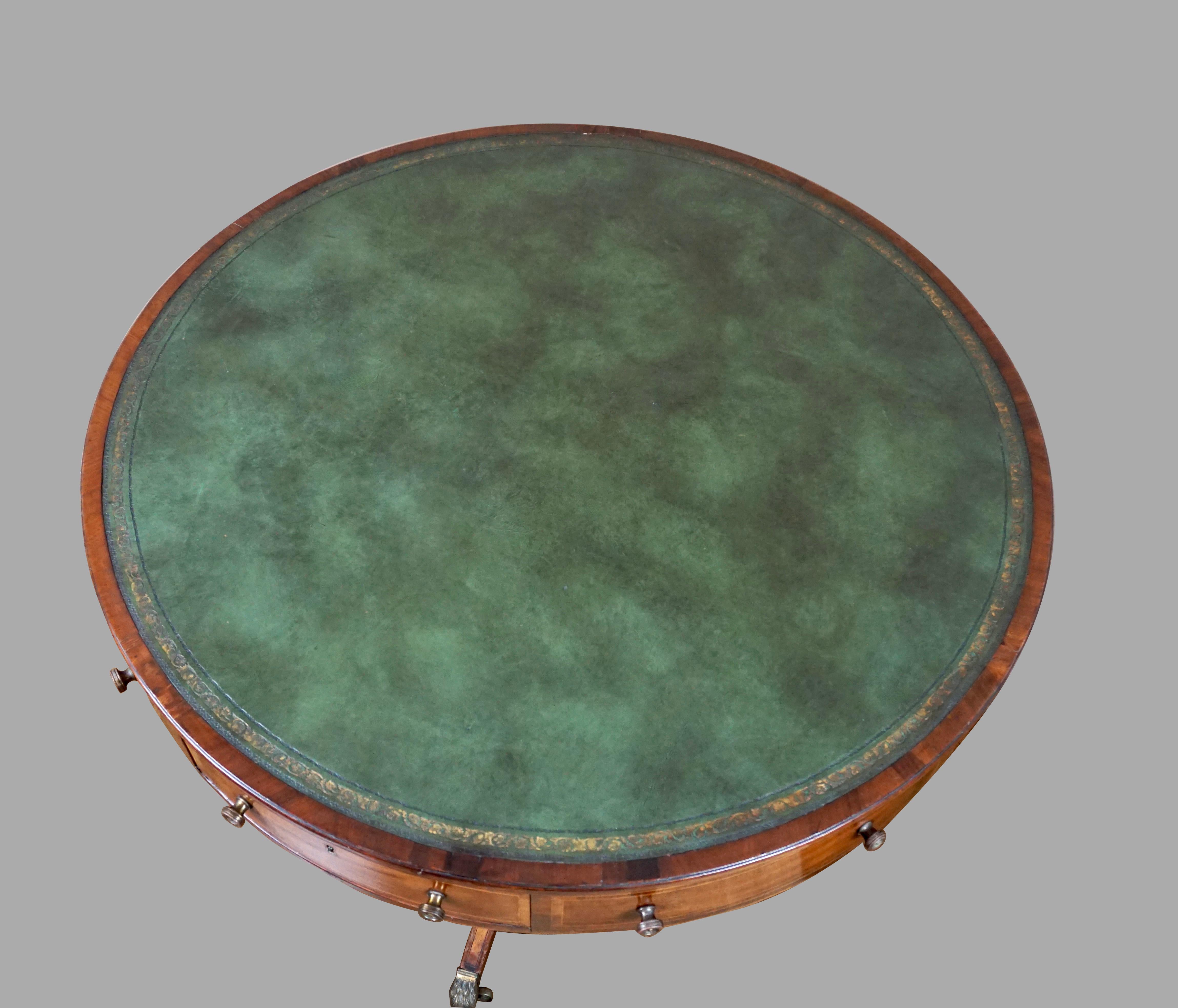 English Late Regency Inlaid Mahogany Drum Table with Green Tooled Leather Top 6