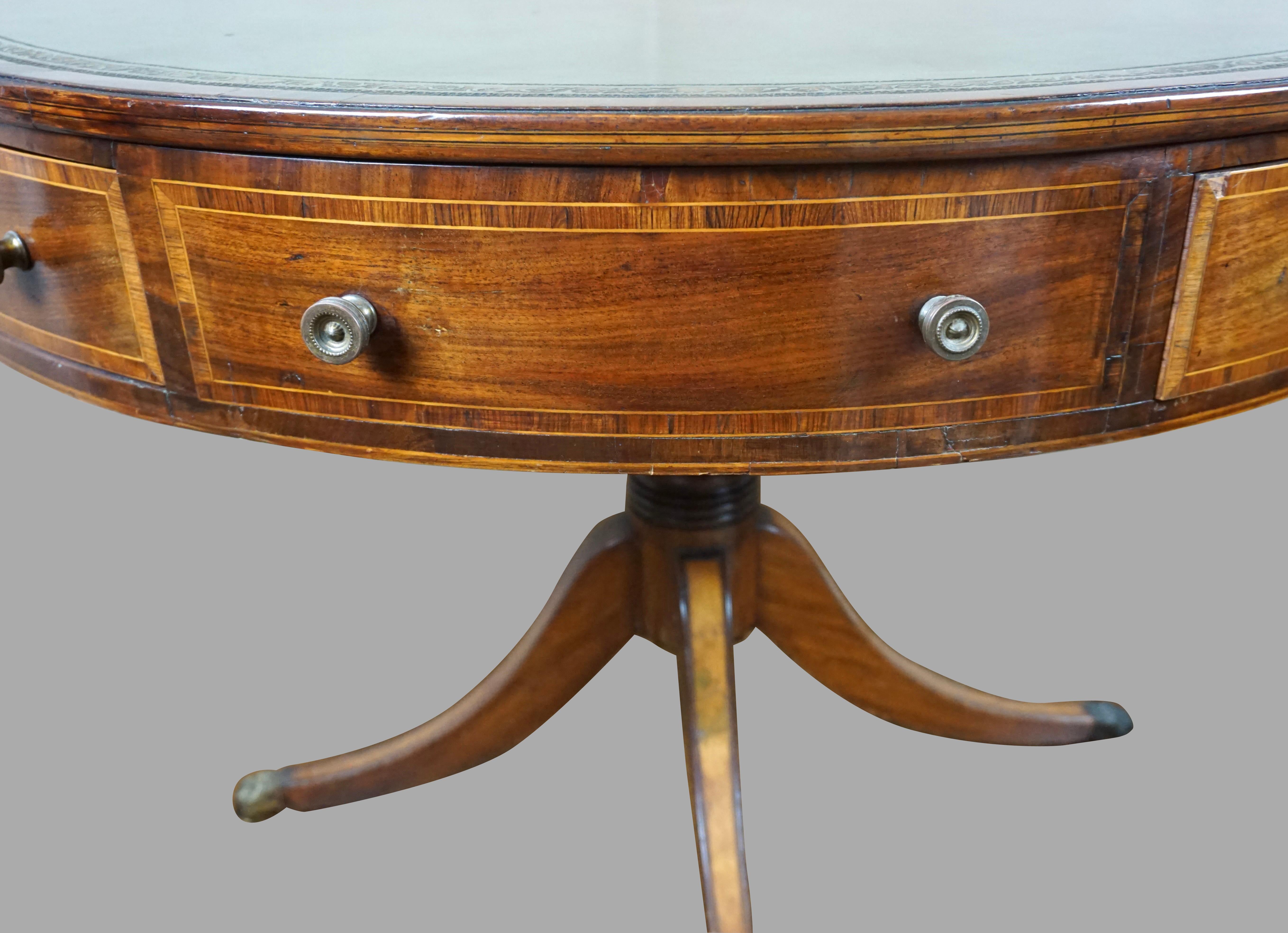 English Late Regency Inlaid Mahogany Drum Table with Green Tooled Leather Top 2