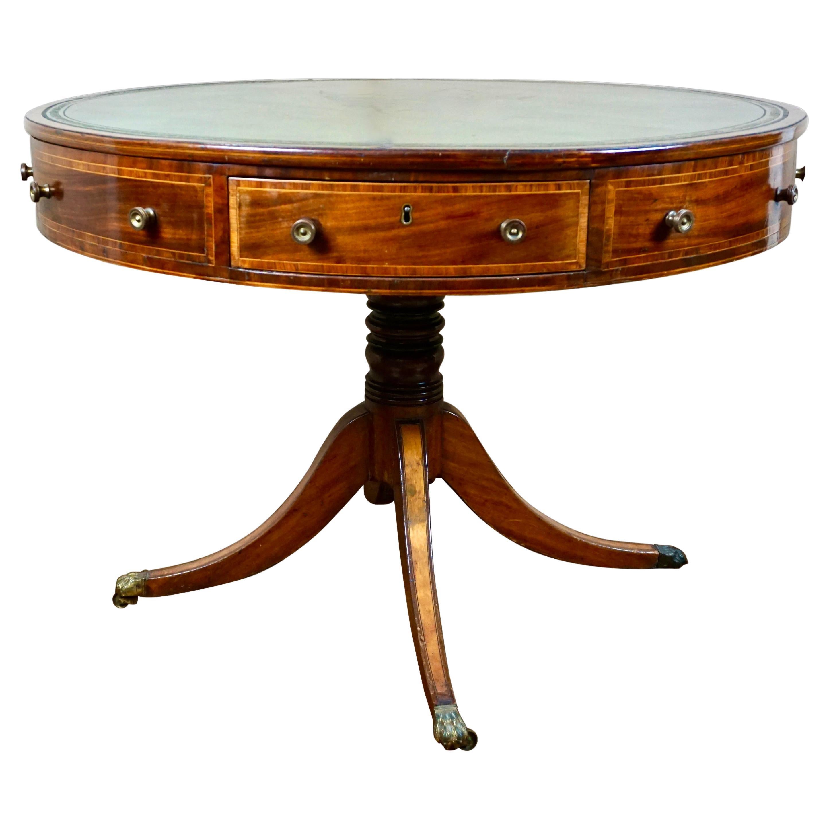 English Late Regency Inlaid Mahogany Drum Table with Green Tooled Leather Top
