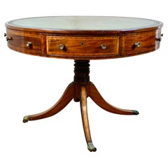 English Late Regency Inlaid Mahogany Drum Table with Green Tooled Leather Top