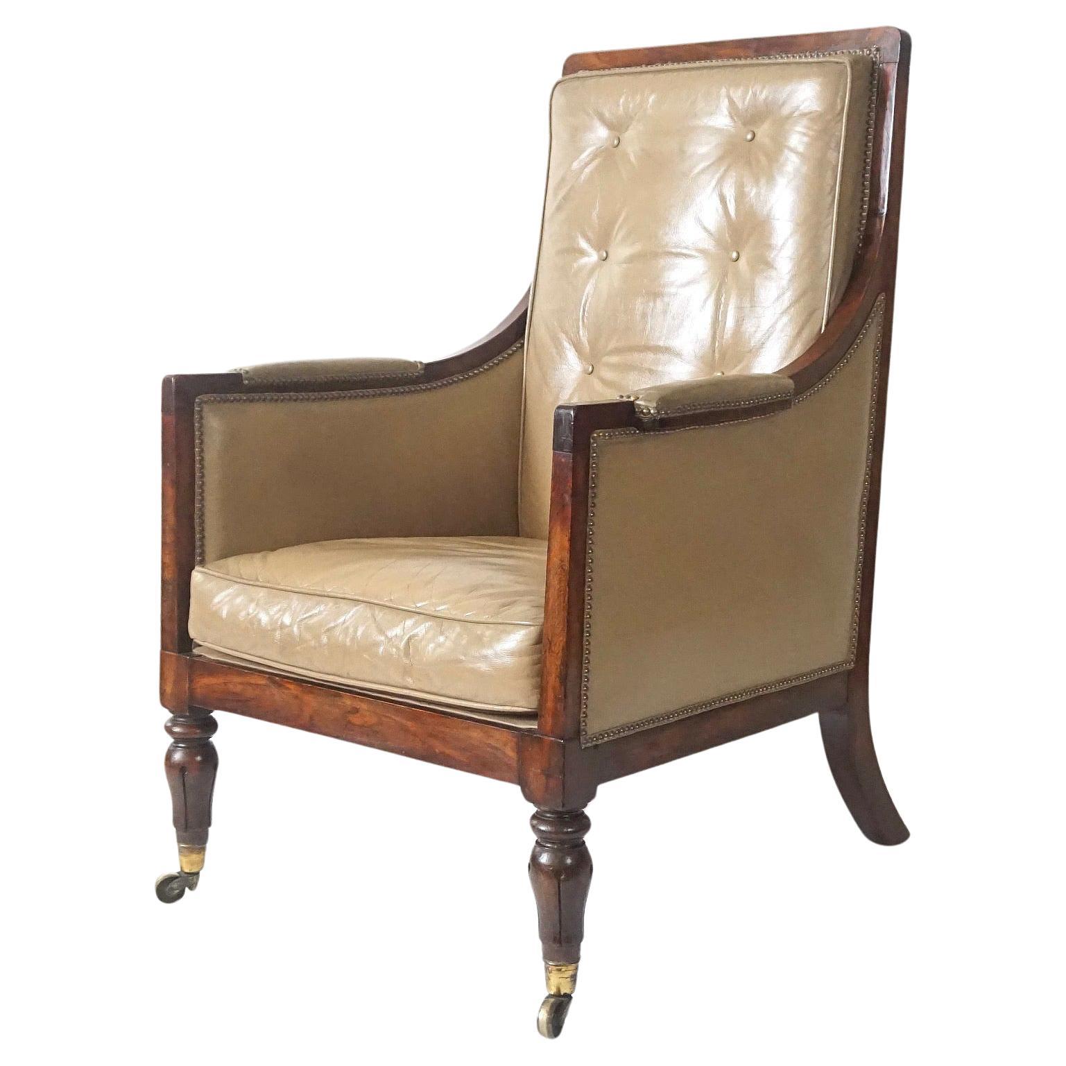 English Late Regency William IV Rosewood Leather Bergere, circa 1835 For Sale