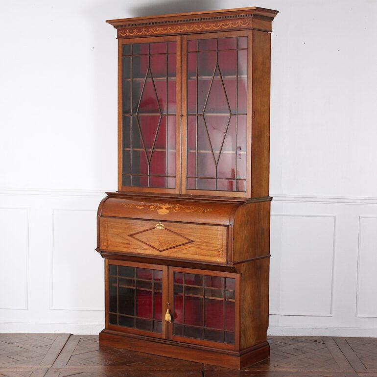 English Late Victorian / Edwardian Inlaid Mahogany Sectretary Bookcase Desk In Good Condition In Vancouver, British Columbia