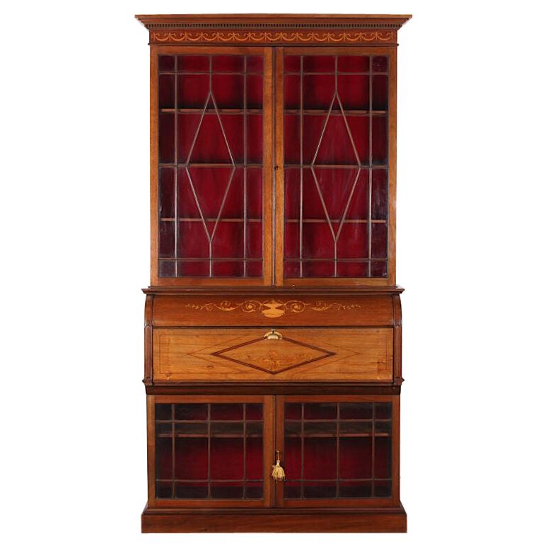 English Late Victorian / Edwardian Inlaid Mahogany Sectretary Bookcase Desk