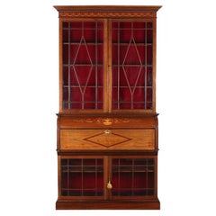 Antique English Late Victorian / Edwardian Inlaid Mahogany Sectretary Bookcase Desk