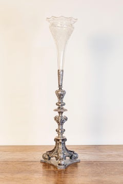 English Late Victorian Epergne with Silver Base and Crystal Vase, 19th Century