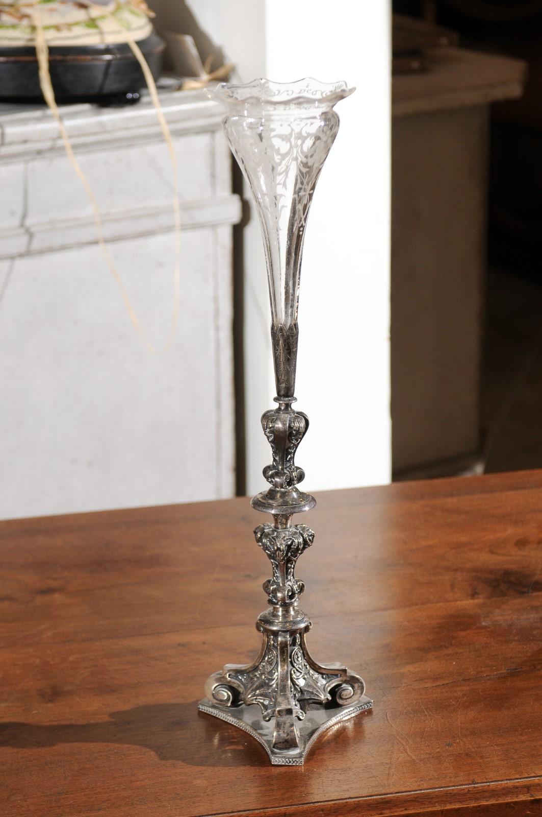 English Late Victorian Epergne with Silver Base and Crystal Vase, 19th Century 2