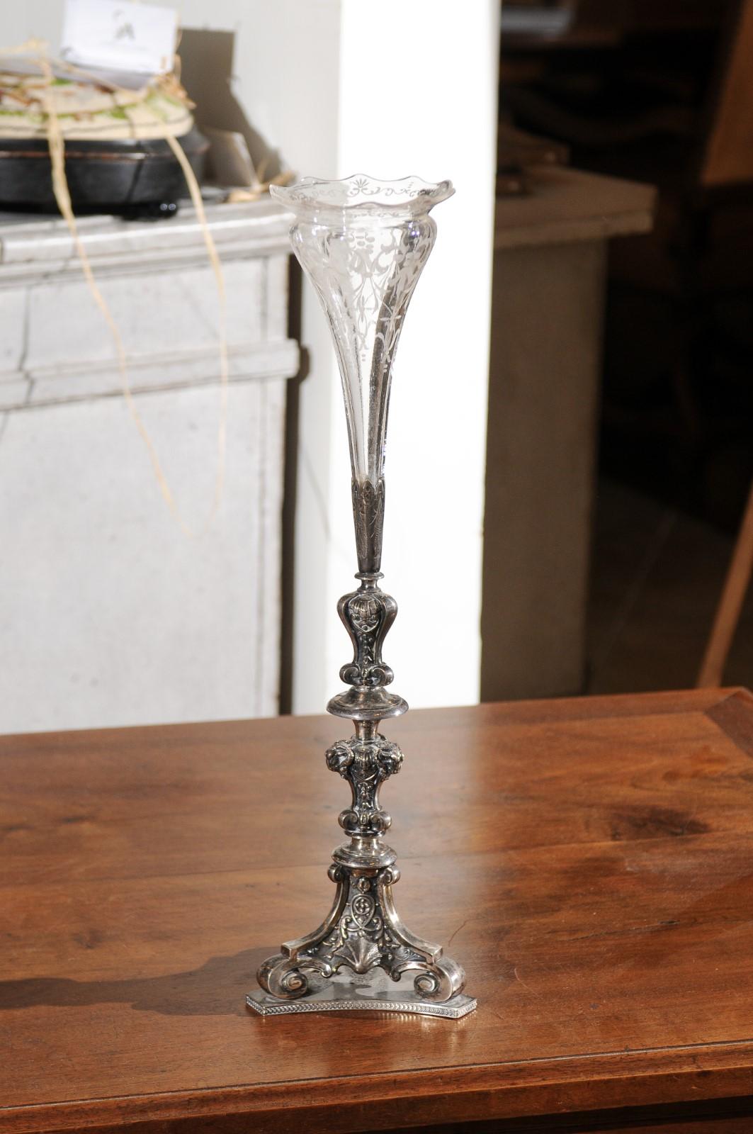 English Late Victorian Epergne with Silver Base and Crystal Vase, 19th Century 3