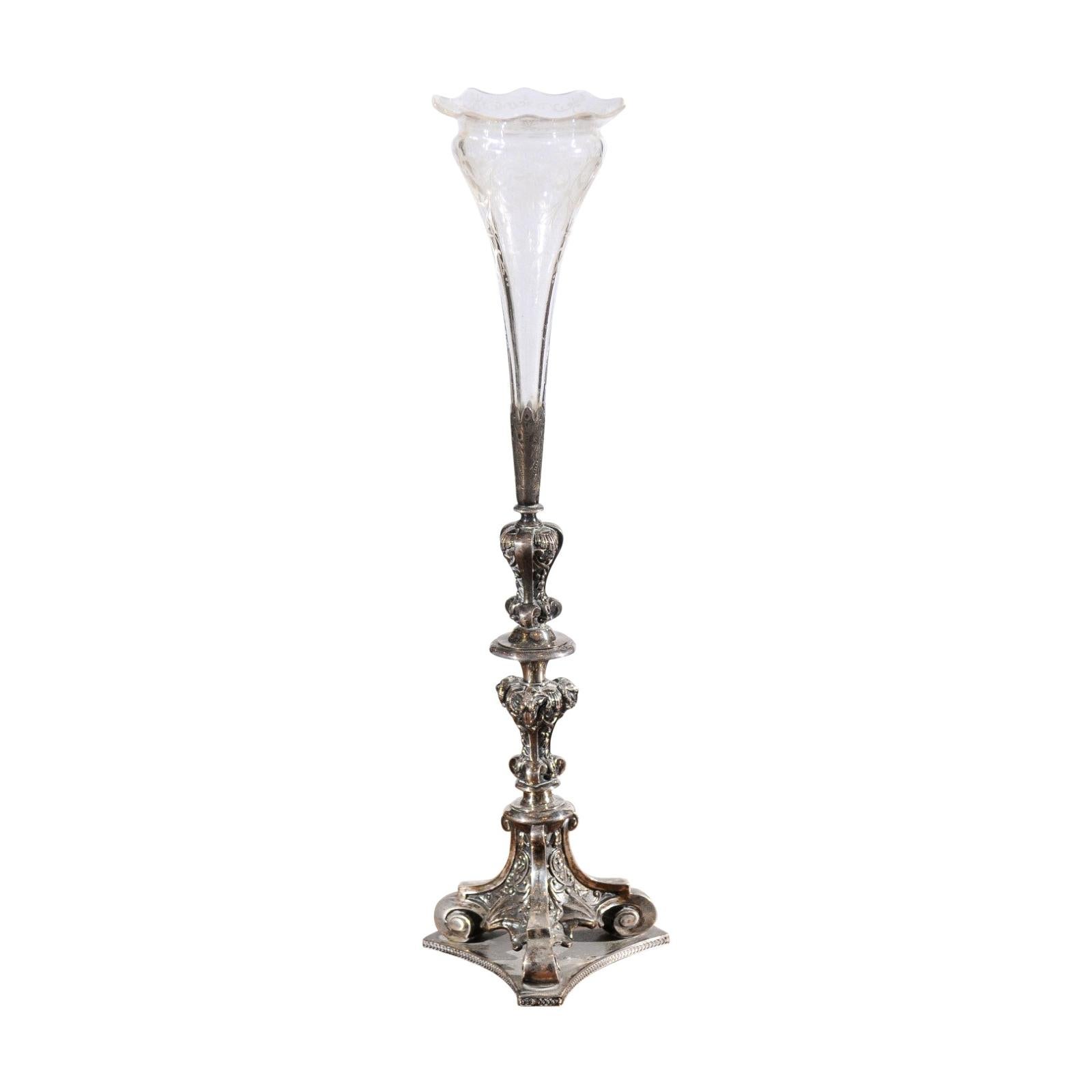 English Late Victorian Epergne with Silver Base and Crystal Vase, 19th Century For Sale
