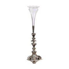 Antique English Late Victorian Epergne with Silver Base and Crystal Vase, 19th Century