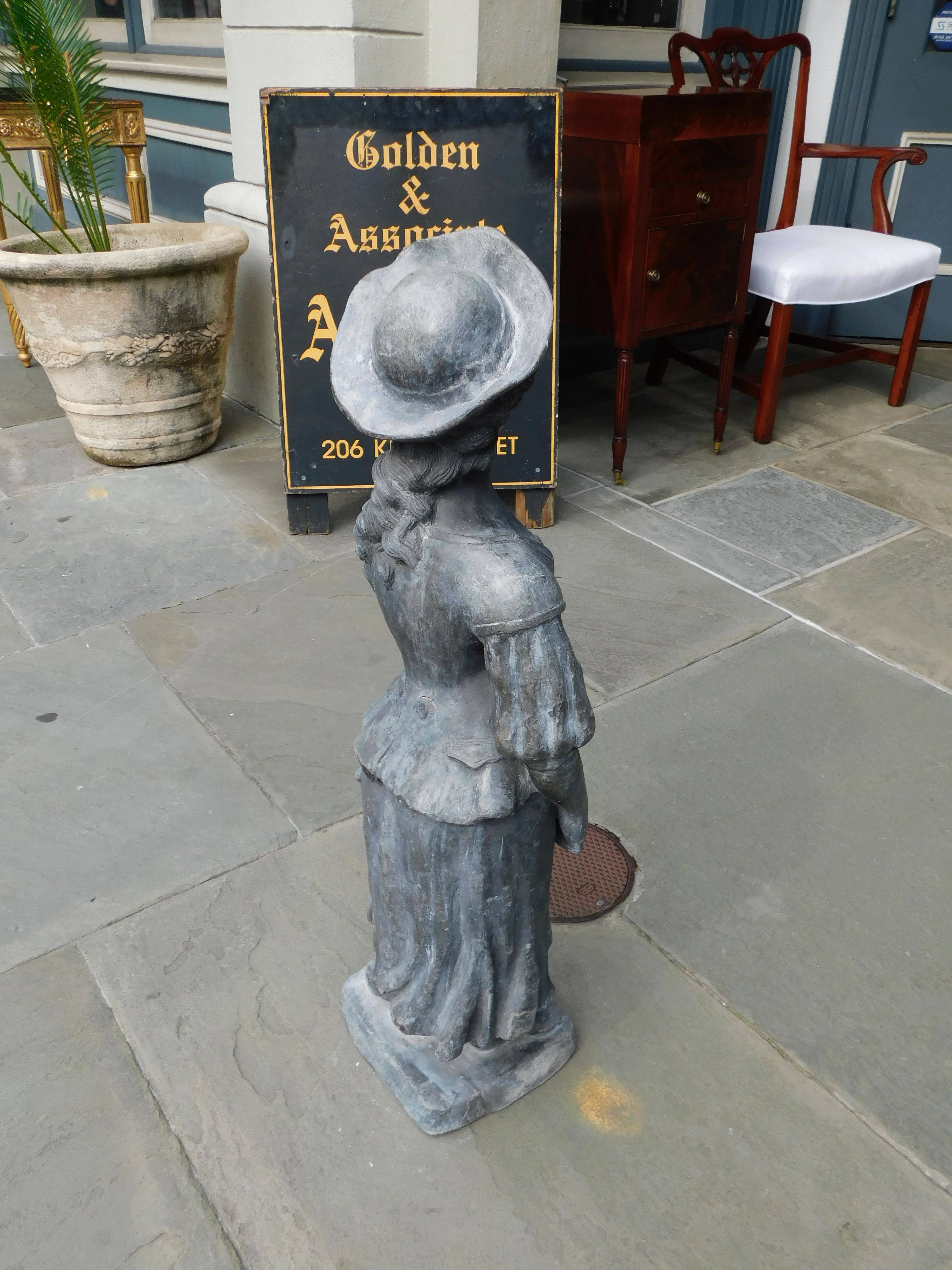 English Lead Figural Lady Garden Statue Standing on Squared Plinth, circa 1850 For Sale 4