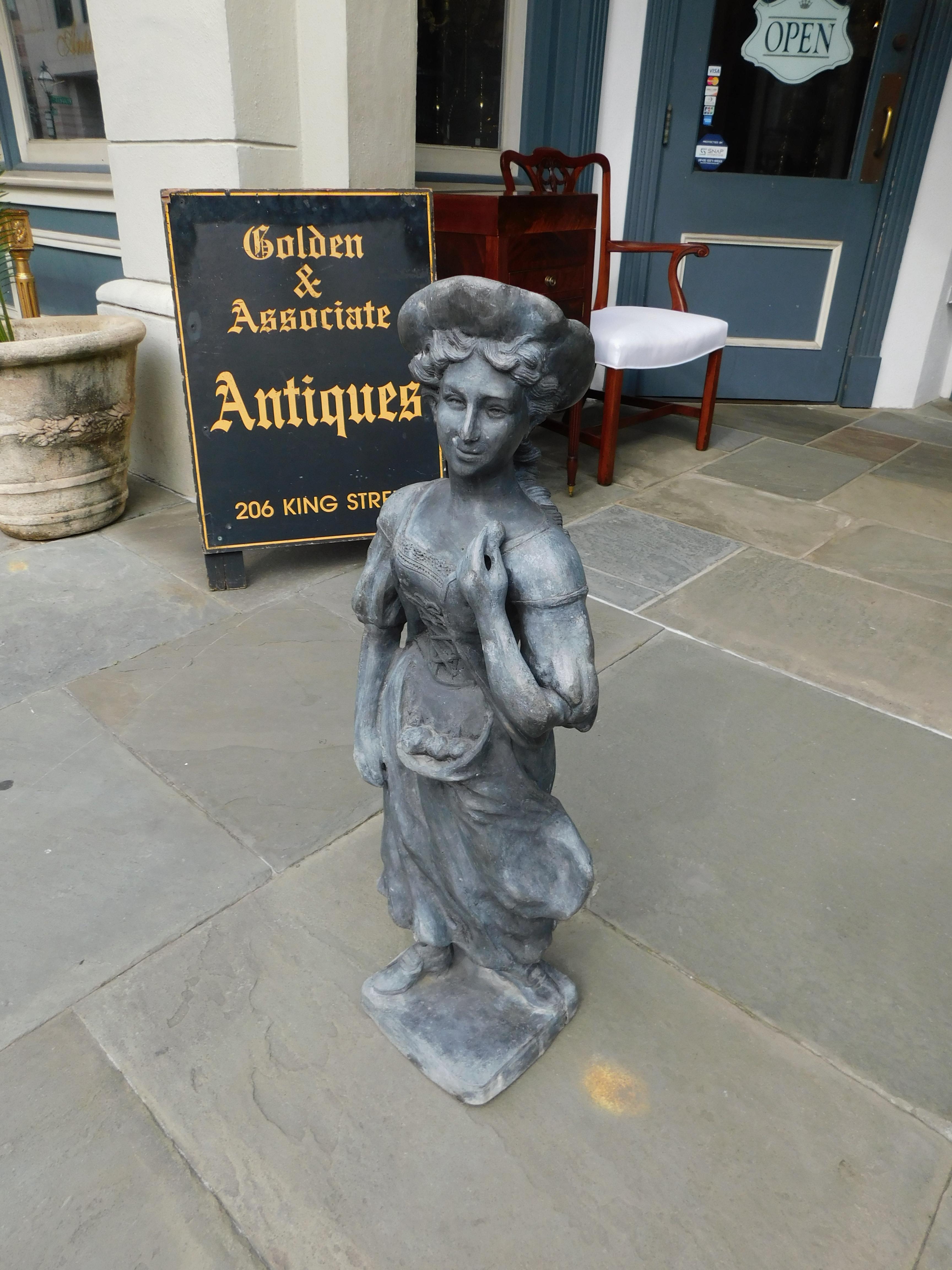 William IV English Lead Figural Lady Garden Statue Standing on Squared Plinth, circa 1850 For Sale