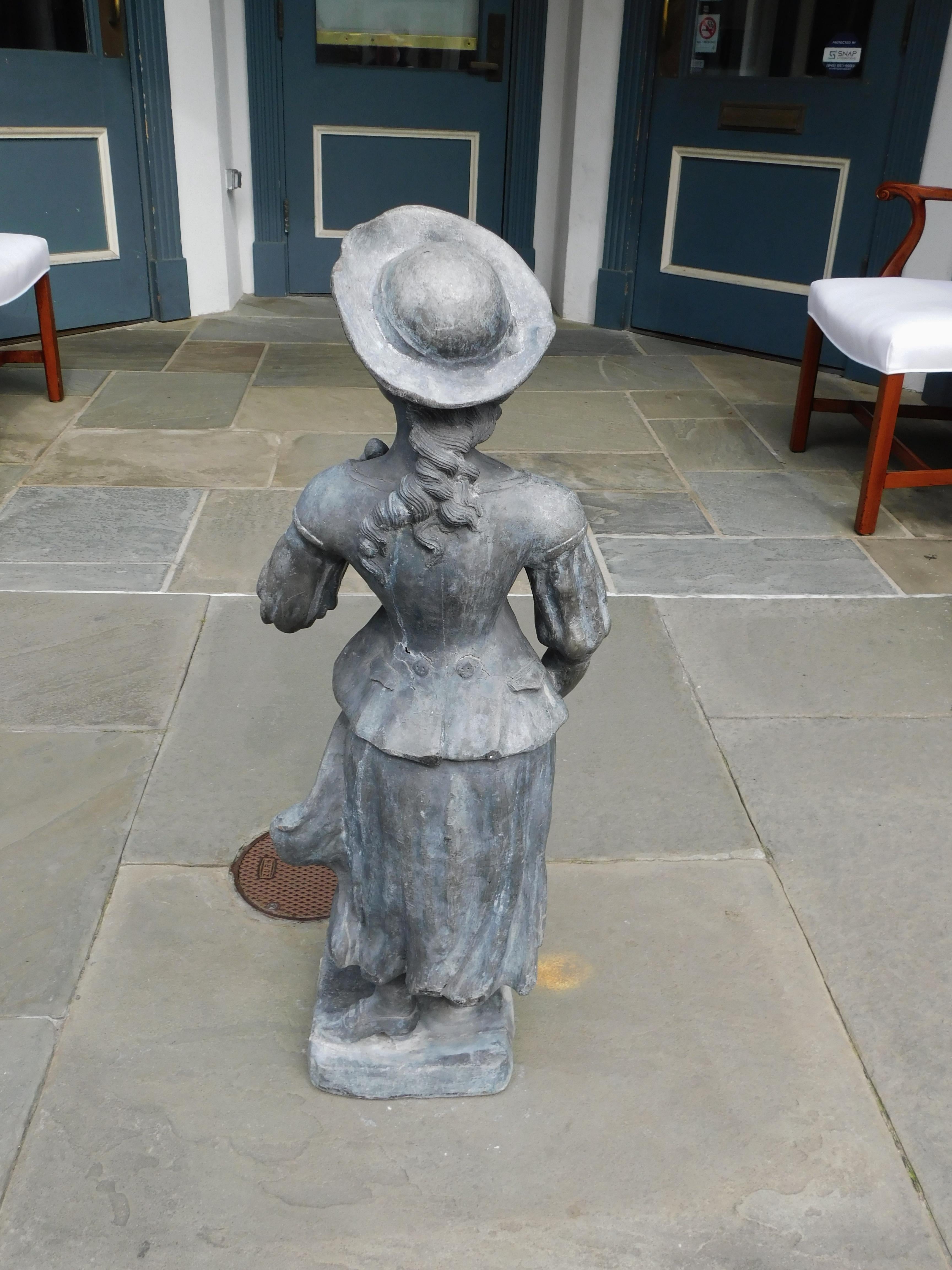 Mid-19th Century English Lead Figural Lady Garden Statue Standing on Squared Plinth, circa 1850 For Sale