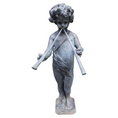 English Lead Figural Statue of Pan Playing Flanking Flutes on Square Base C 1850