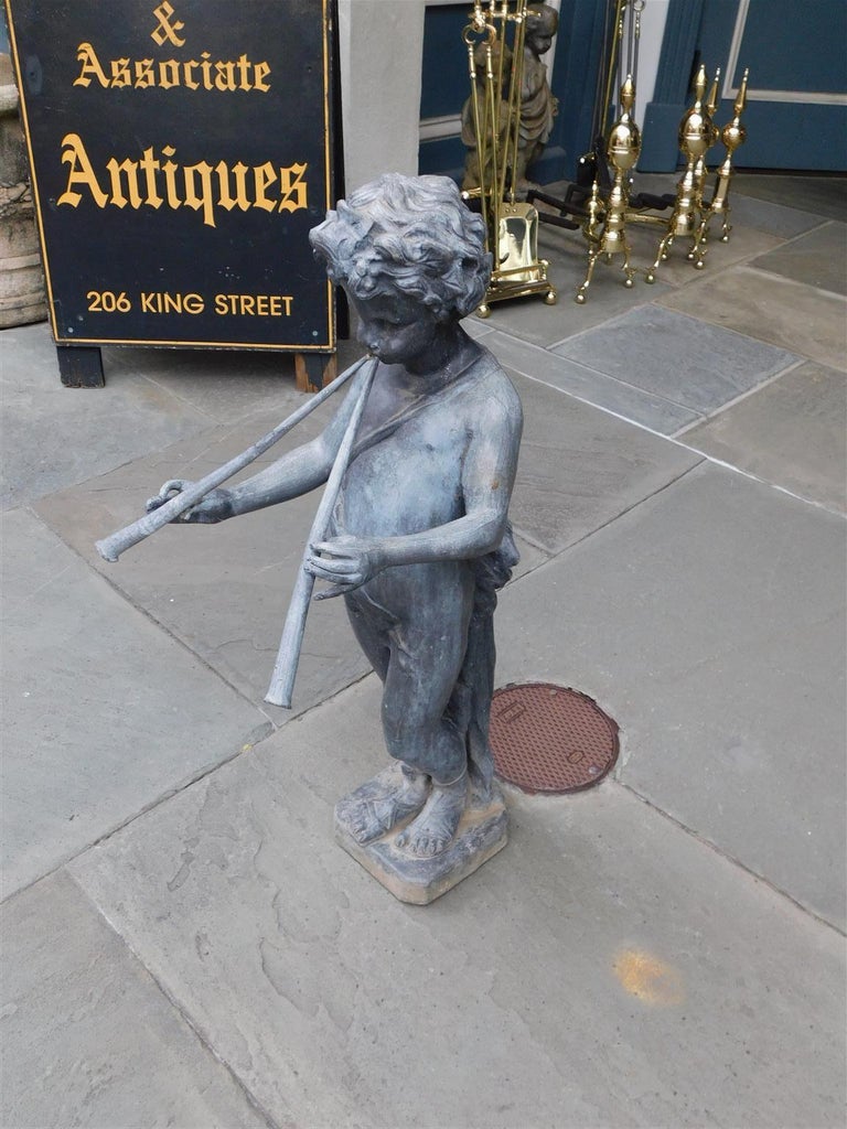 English Lead Figural Statue of Musical Pan with Flanking Flutes, Circa