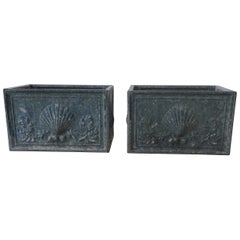 English Lead Grey Planters with Scallop Shell Motif, Pair