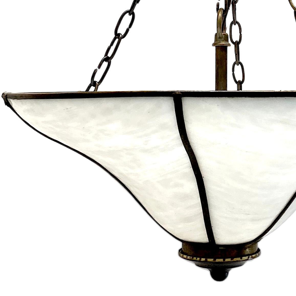 Patinated English Leaded Glass Light Fixture For Sale