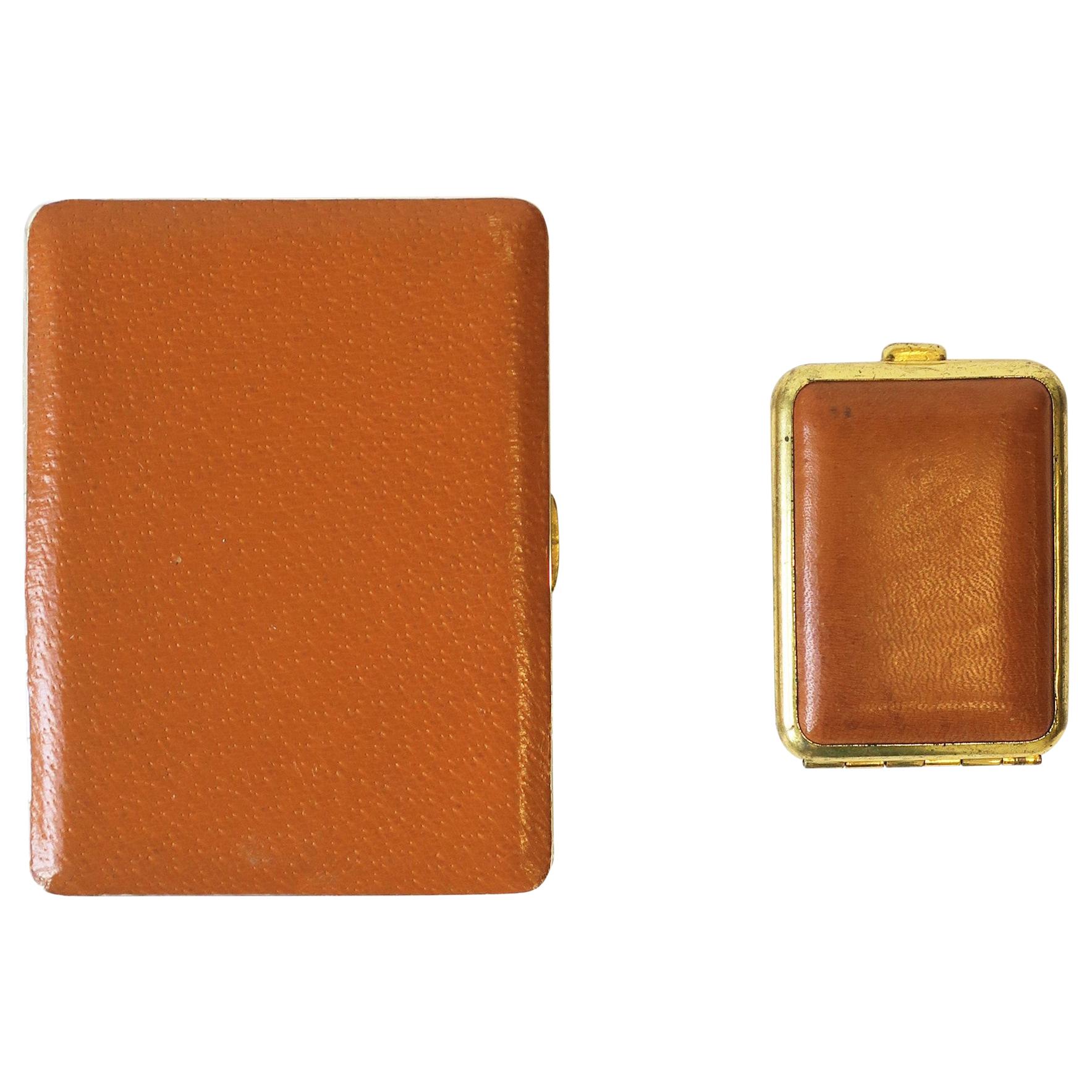 English Leather and Brass Cigarette and Matchbox Holder Case Set
