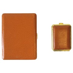 Retro English Leather and Brass Cigarette and Matchbox Holder Case Set