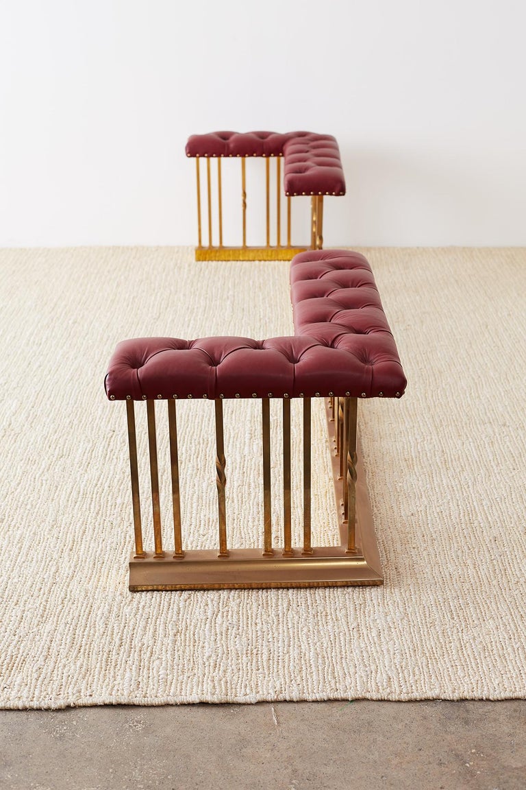 English Leather and Brass Fireplace Club Fender Seat at 1stDibs