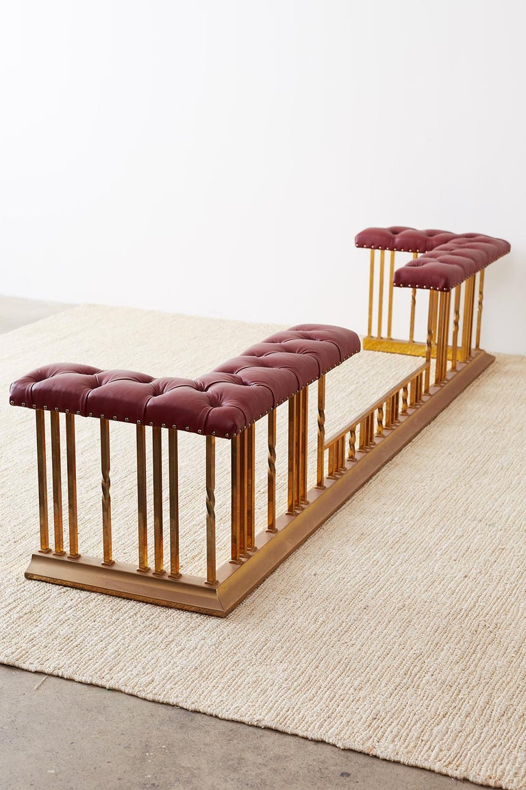 English Leather and Brass Fireplace Club Fender Seat at 1stDibs