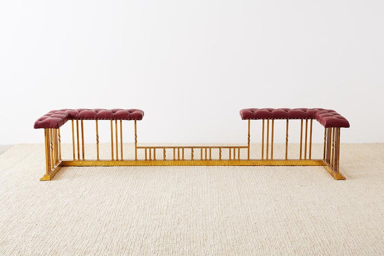 English Leather and Brass Fireplace Club Fender Seat at 1stDibs