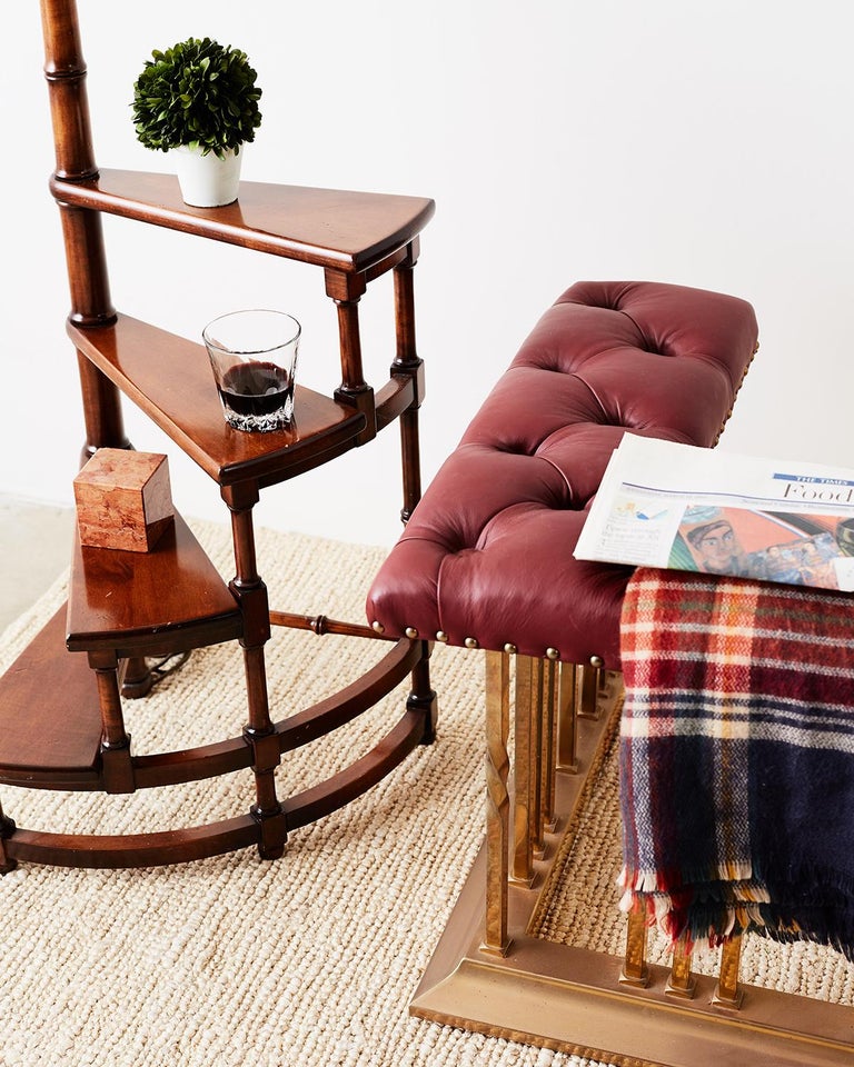 English Leather and Brass Fireplace Club Fender Seat at 1stDibs