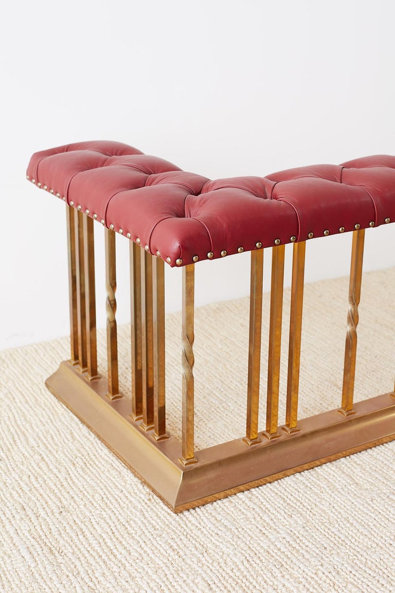 English Leather and Brass Fireplace Club Fender Seat at 1stDibs