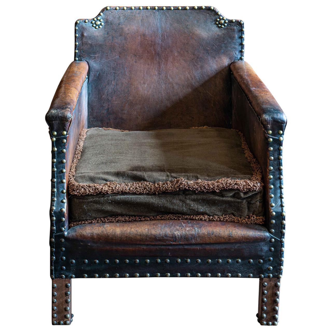 English Leather and Brass Studded Armchair