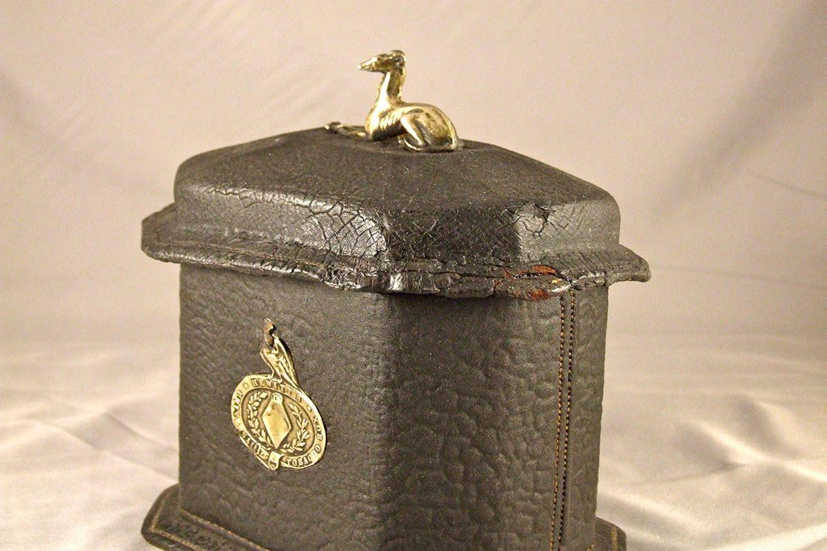 Early Victorian English Leather and Tin Tobacco Caddy For Sale