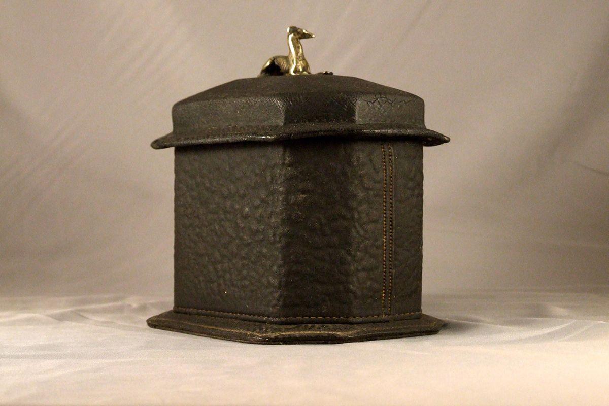 Embossed English Leather and Tin Tobacco Caddy For Sale