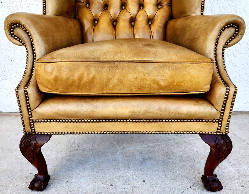 20th Century English Leather Armchair Wingback Chesterfield For Sale