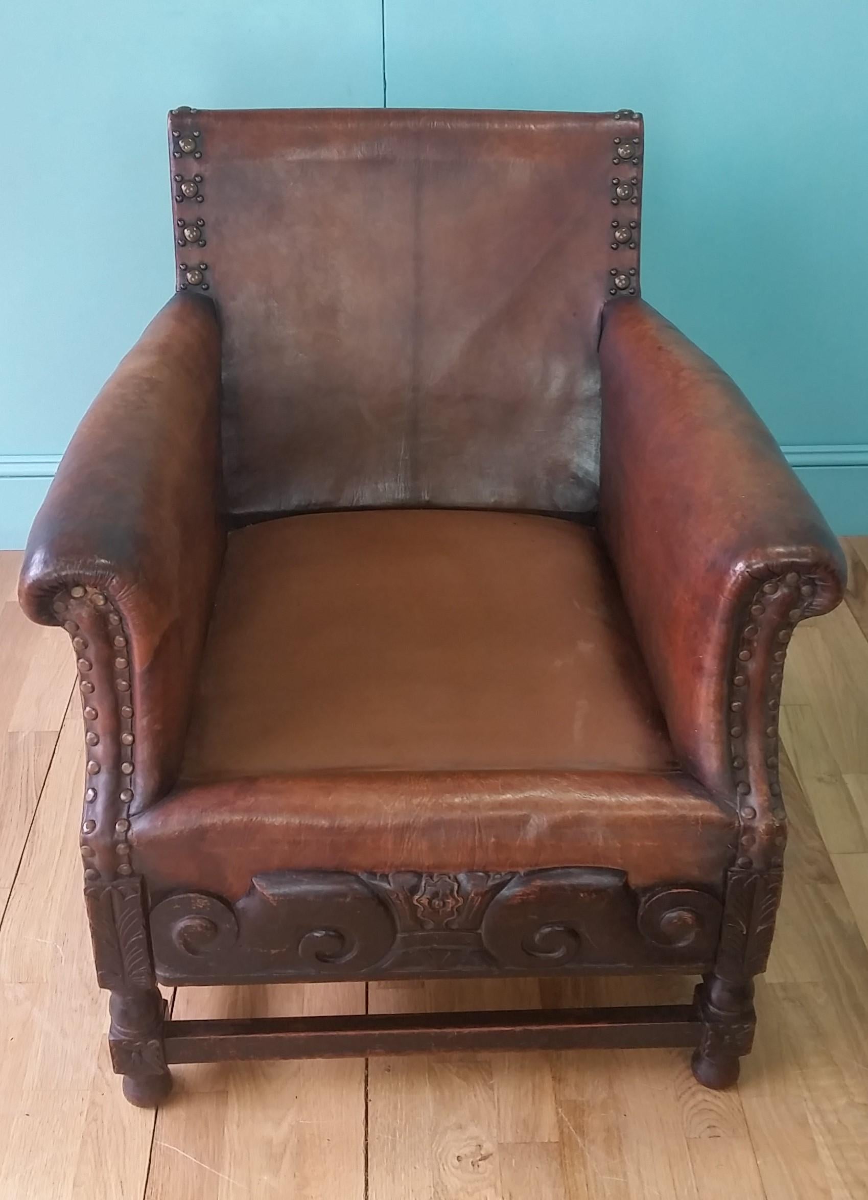 English Leather Arts & Crafts Club Chair For Sale 5