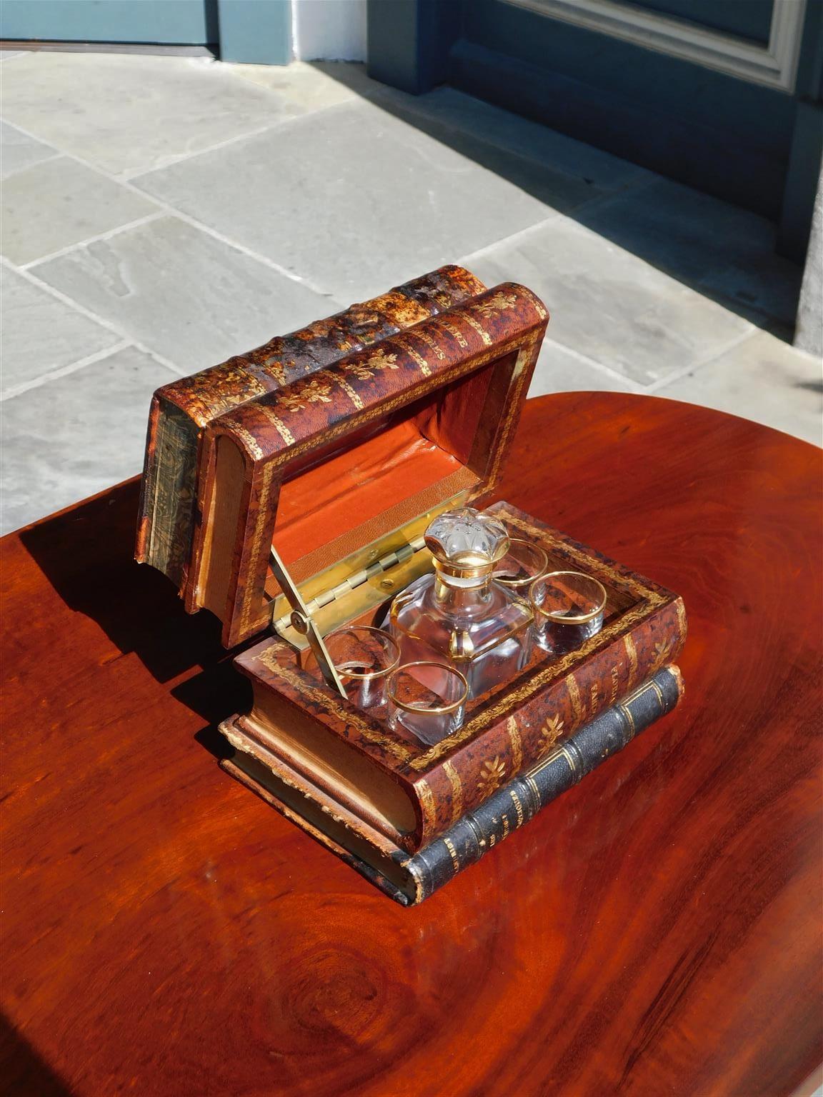 Cast English Leather Book Hinged Decanter Set with Fitted Bottle & Glasses, C 1850 For Sale
