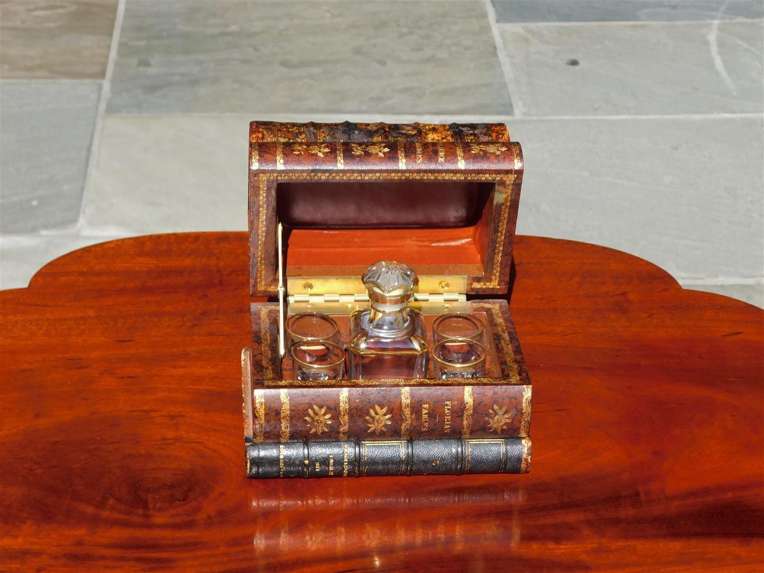 English Leather Book Hinged Decanter Set with Fitted Bottle & Glasses, C 1850 In Excellent Condition For Sale In Hollywood, SC