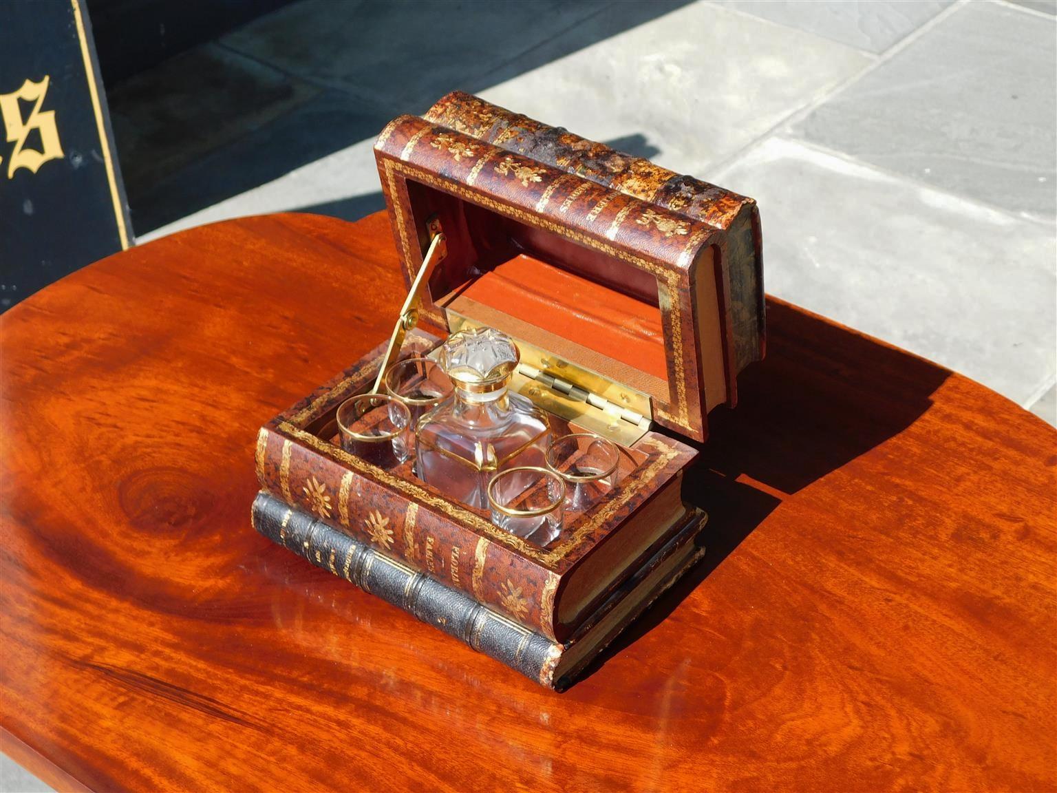 Mid-19th Century English Leather Book Hinged Decanter Set with Fitted Bottle & Glasses, C 1850 For Sale