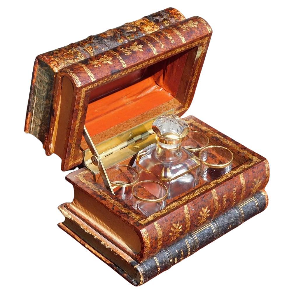 English Leather Book Hinged Decanter Set with Fitted Bottle & Glasses, C 1850 For Sale