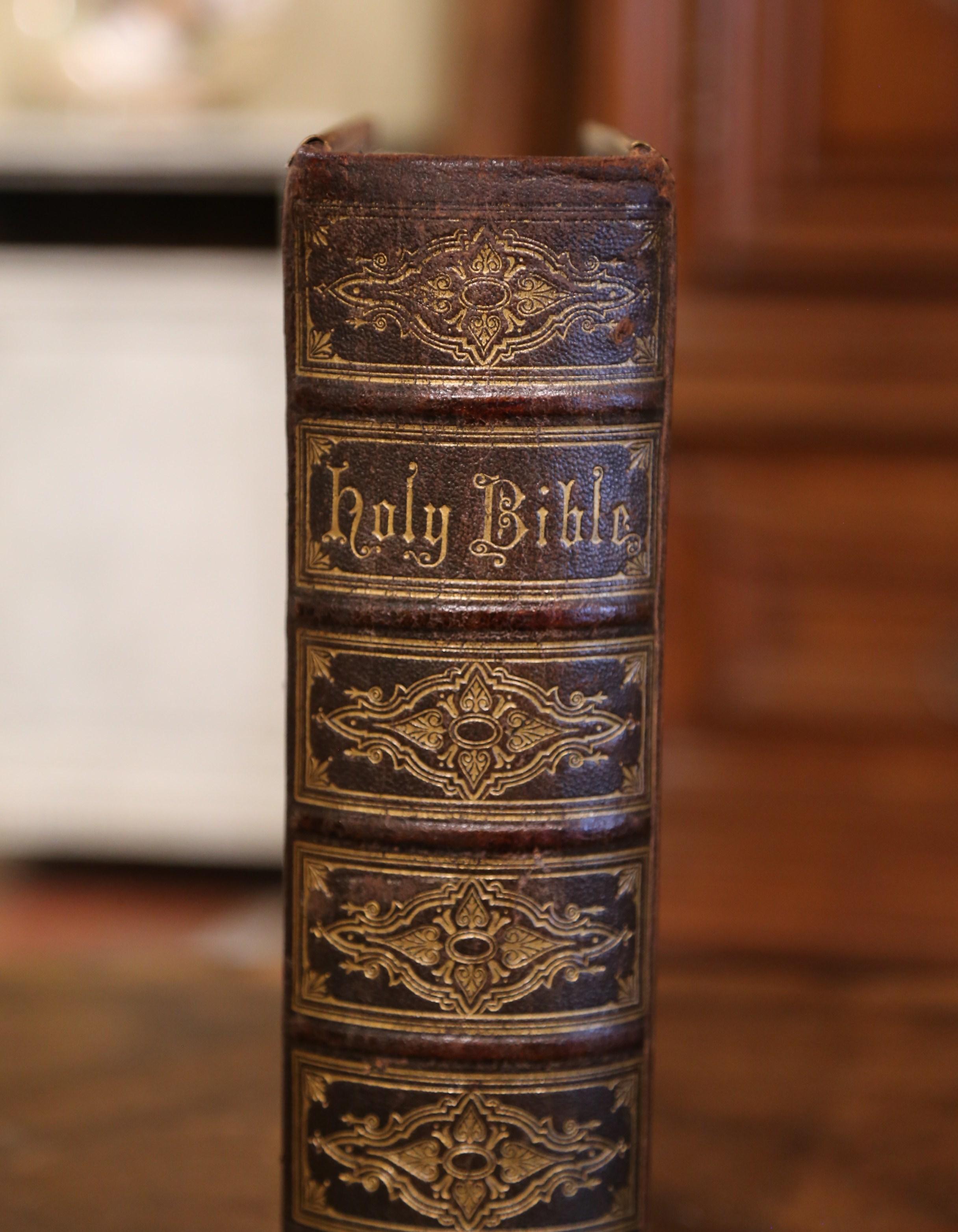 Embossed English Leather Bound and Brass John Brown's Family Holy Bible Dated Circa 1810