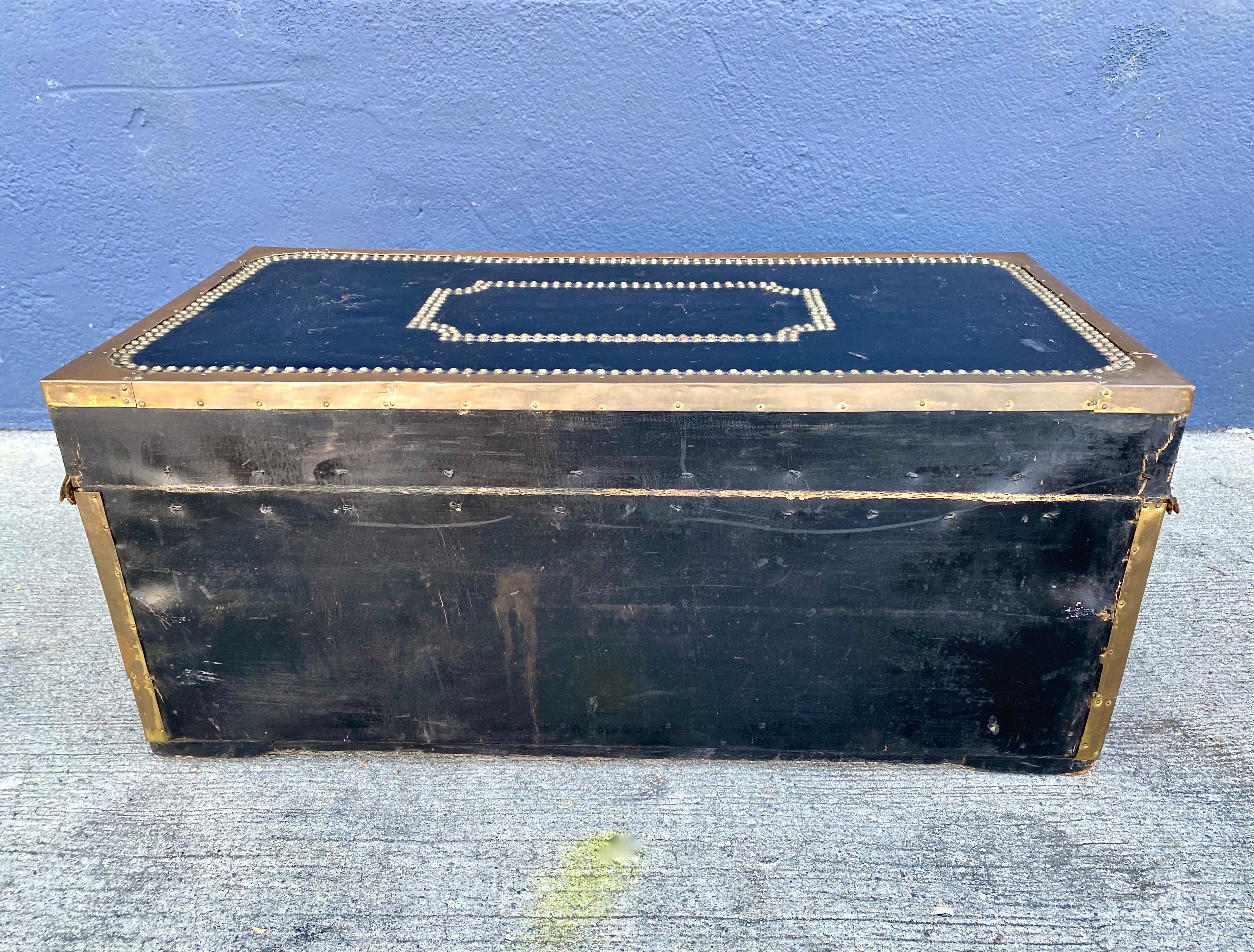 Brass English Leather Bound Campaign Trunk, c. 1820-1830 For Sale