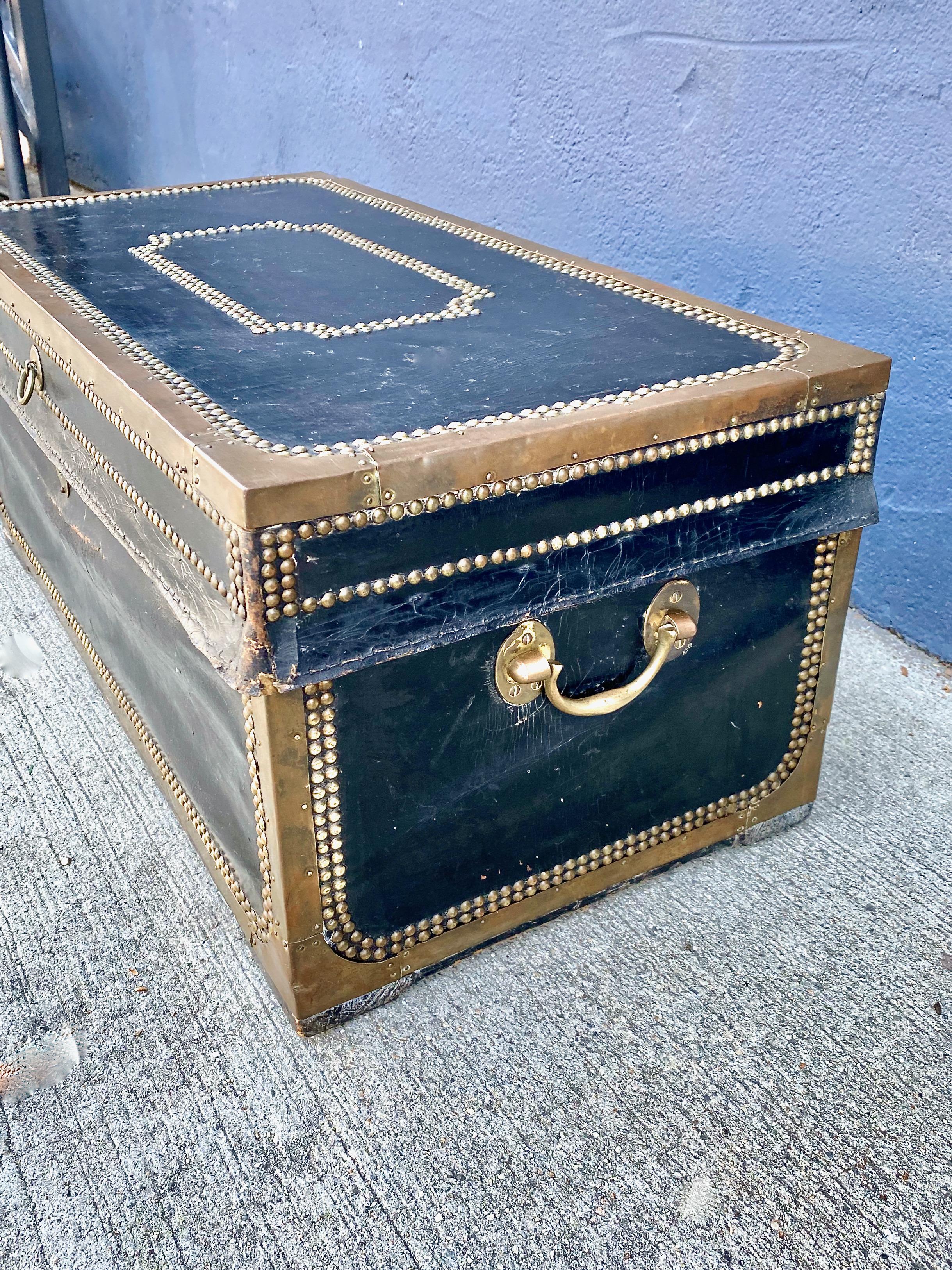 Brass English Leather Bound Campaign Trunk, c. 1820-1830 For Sale