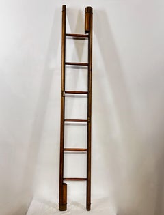 English Leather, Brass & Nailhead Trim Folding Stick Pole Library Ladder