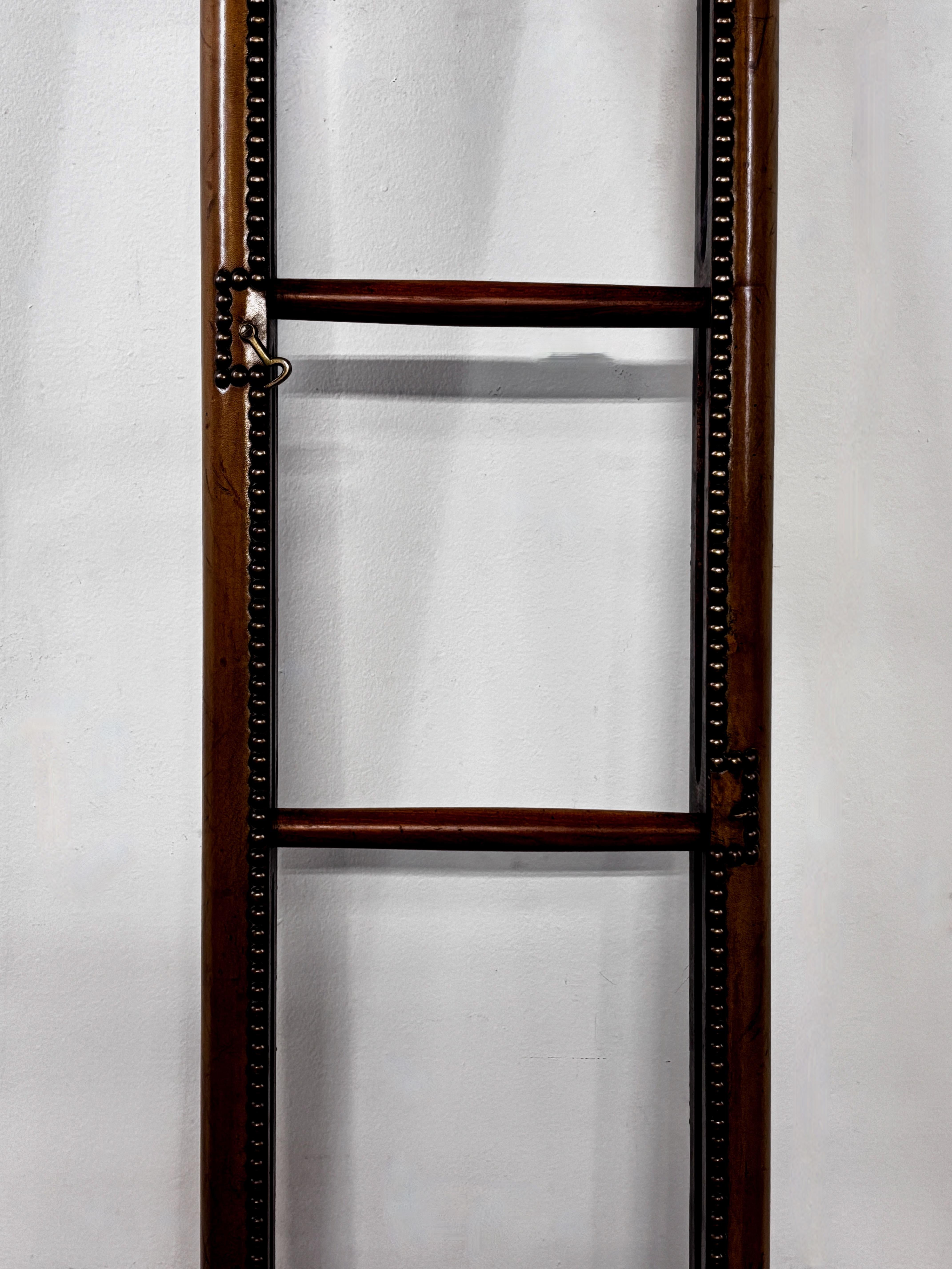 Georgian English Leather, Brass & Nailhead Trim Folding Stick Pole Library Ladder