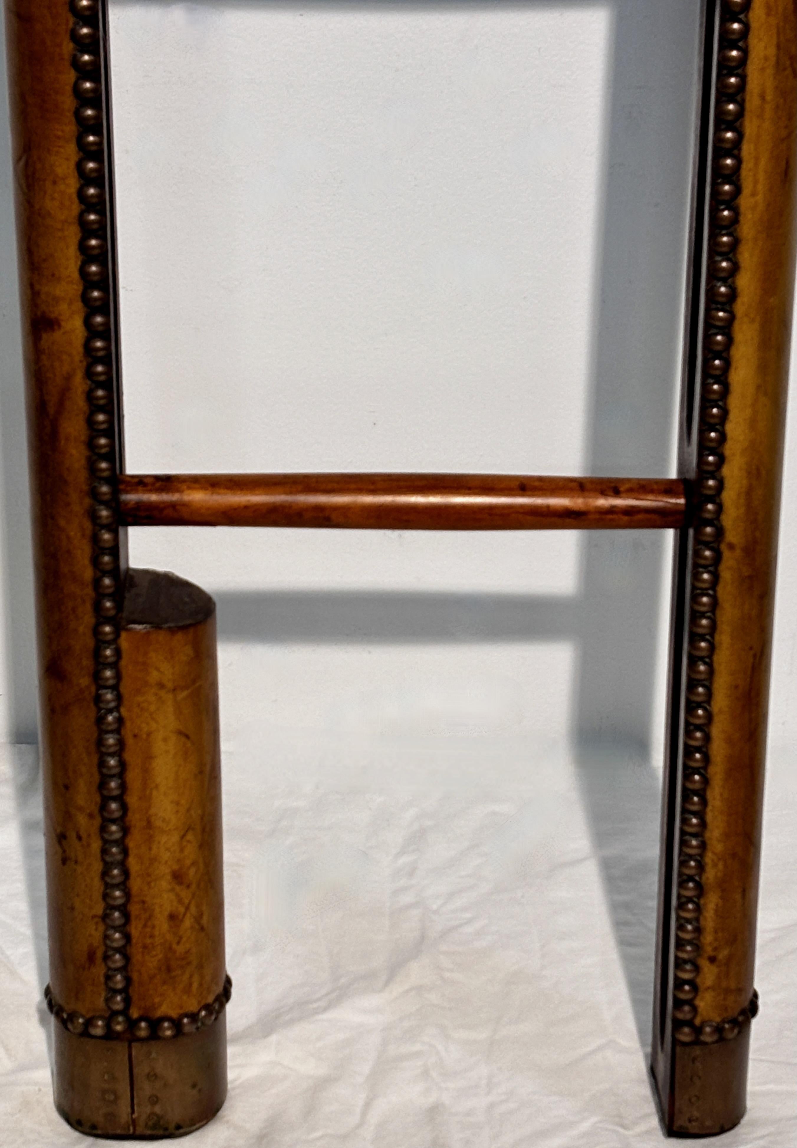 20th Century English Leather, Brass & Nailhead Trim Folding Stick Pole Library Ladder