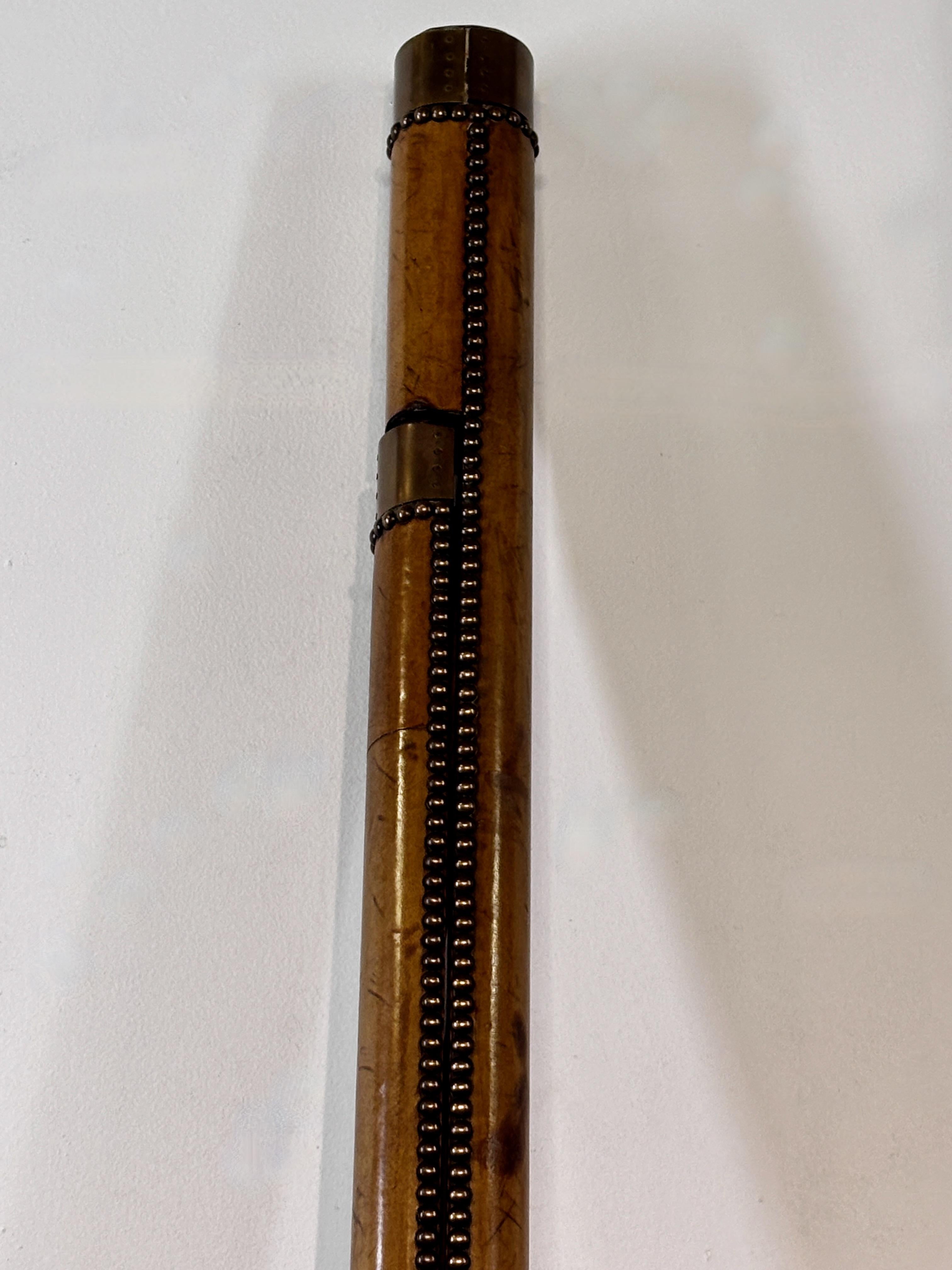 English Leather, Brass & Nailhead Trim Folding Stick Pole Library Ladder 2