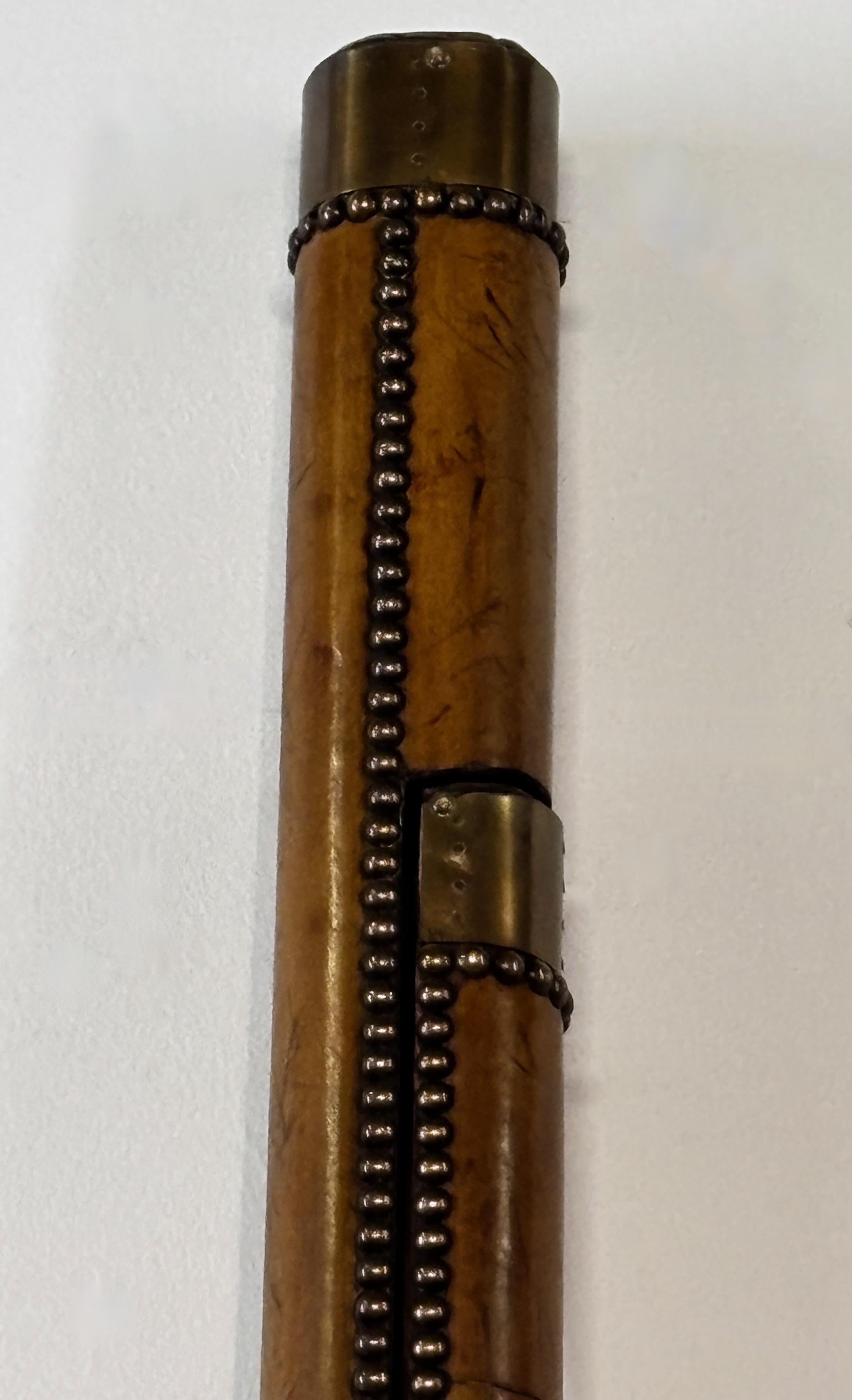 English Leather, Brass & Nailhead Trim Folding Stick Pole Library Ladder 3