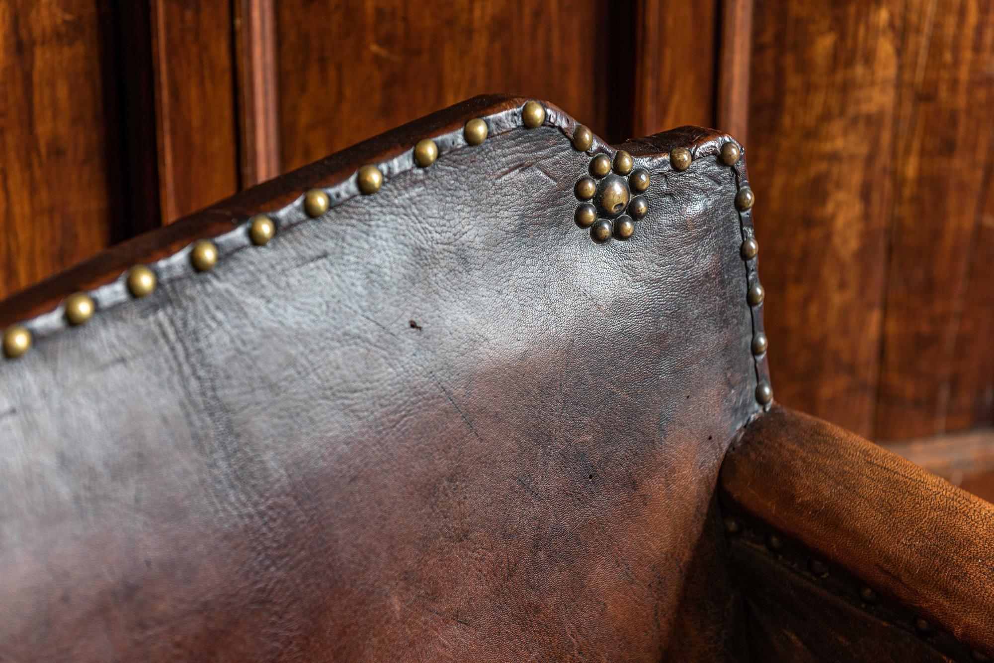20th Century English Leather and Brass Studded Armchair
