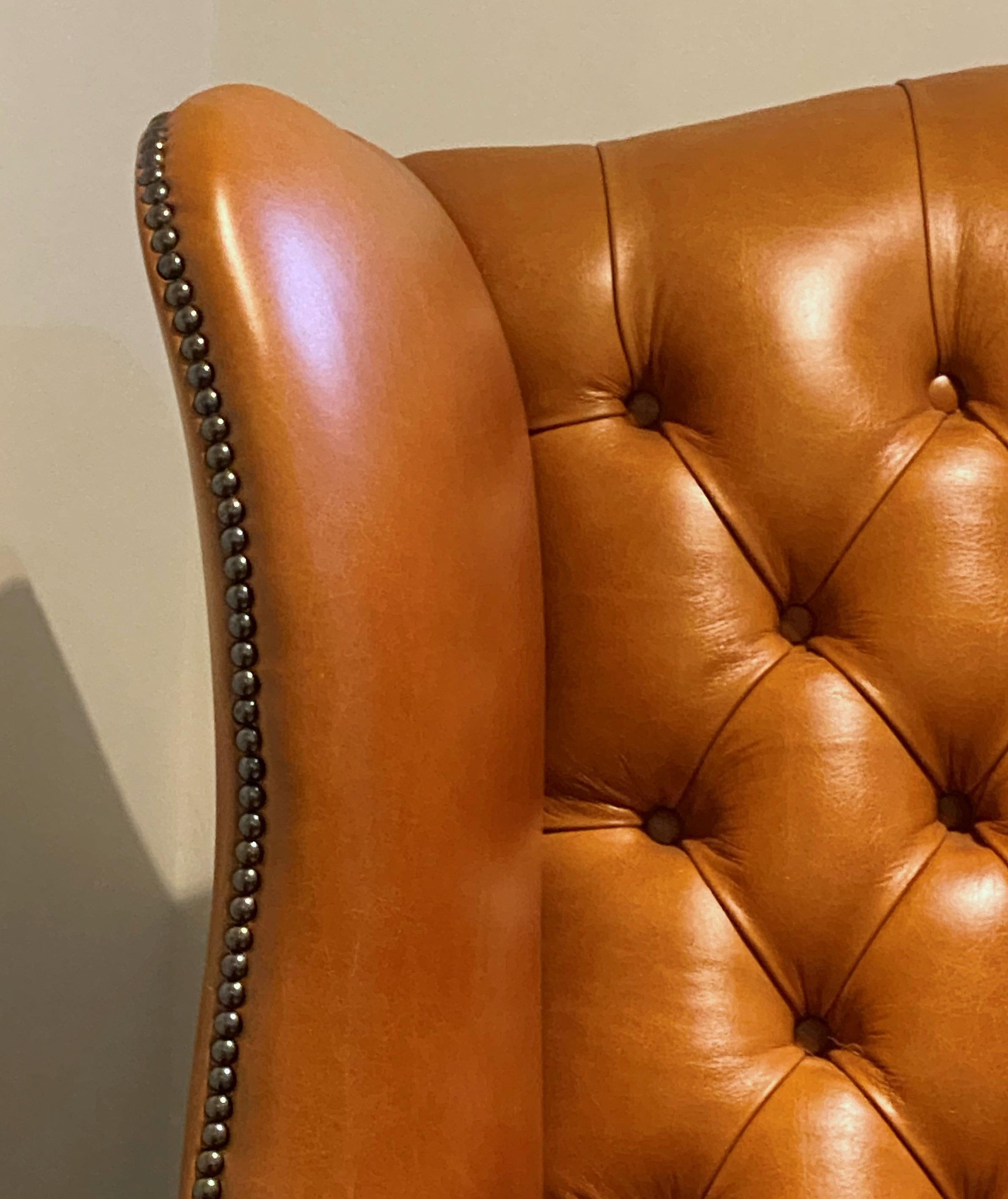British English Leather Buttoned Back Wing Armchair For Sale