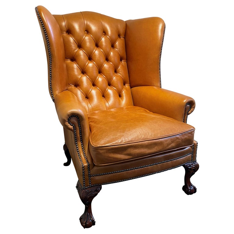 English Leather Buttoned Back Wing Armchair For Sale