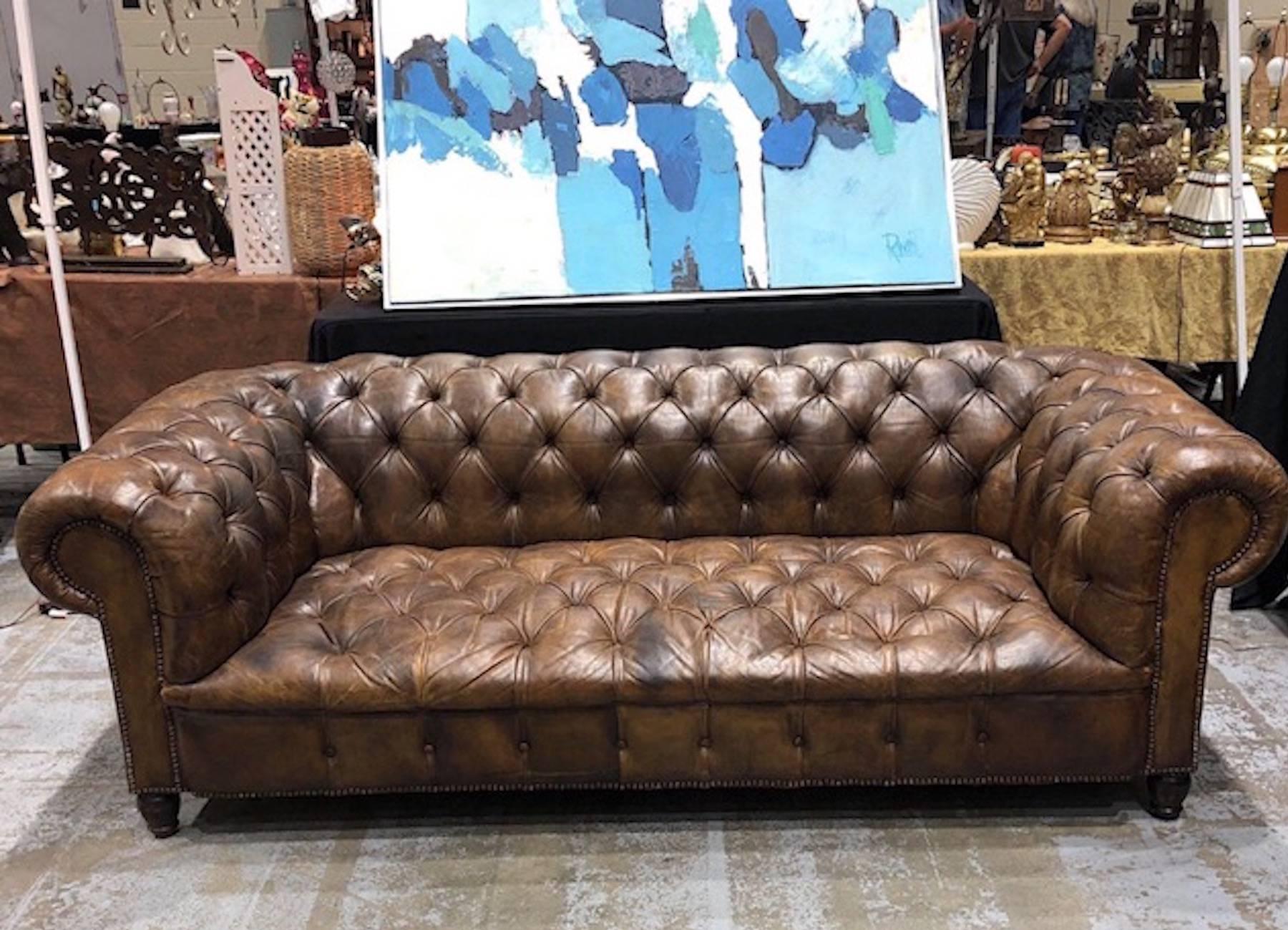 English Leather Chesterfield Rolled Arm Sofa 6