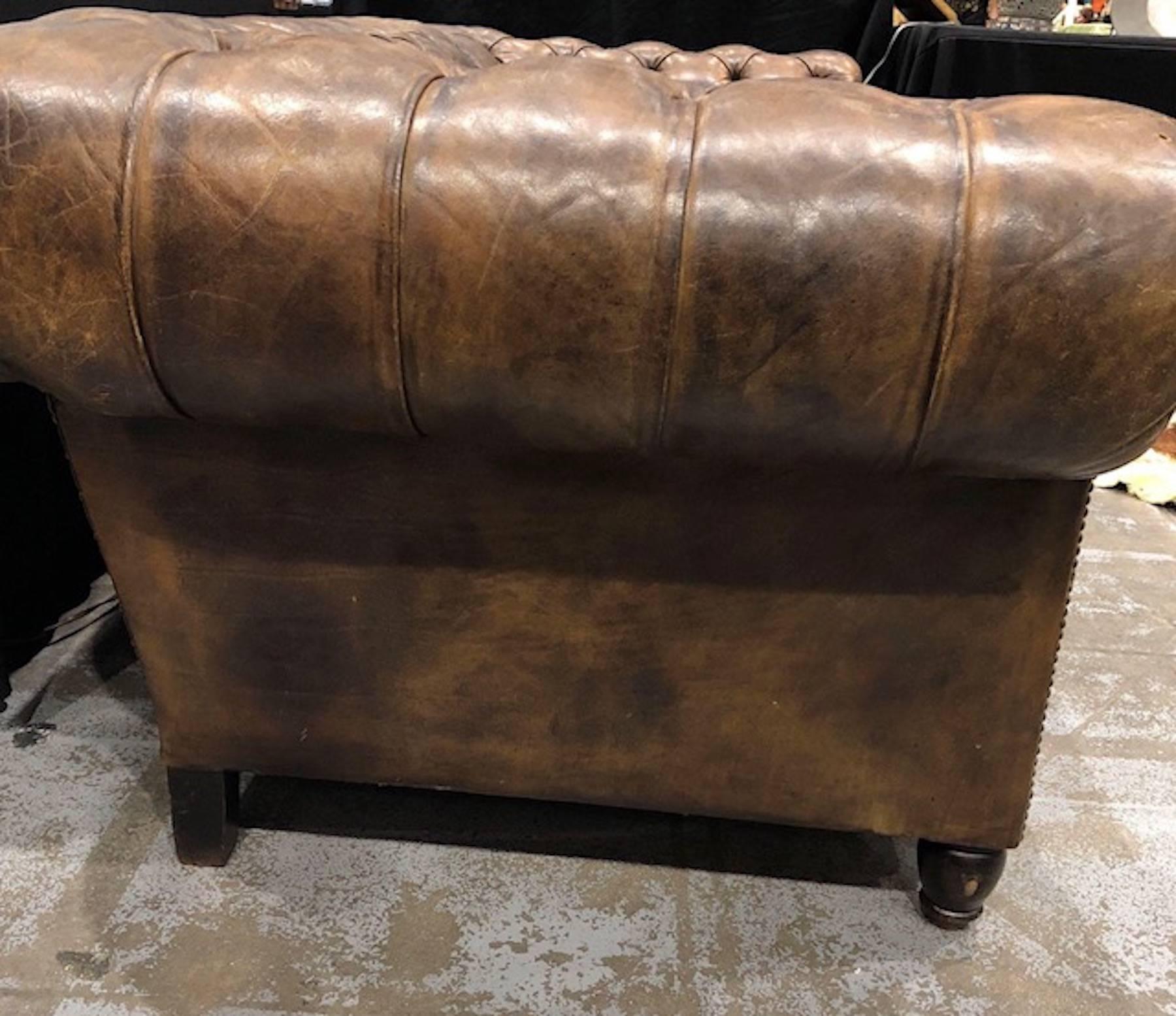 20th Century English Leather Chesterfield Rolled Arm Sofa