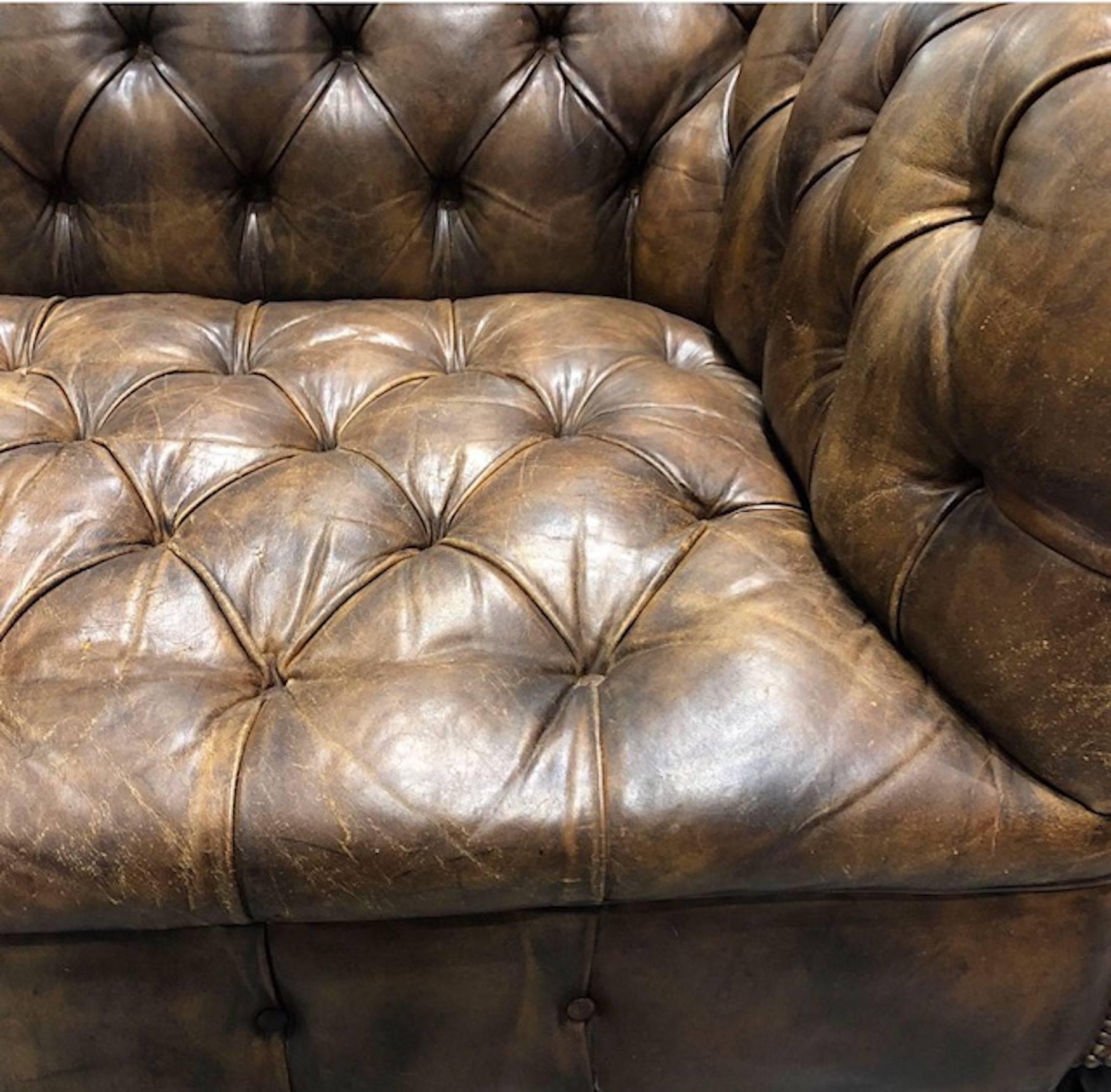 English Leather Chesterfield Rolled Arm Sofa 3